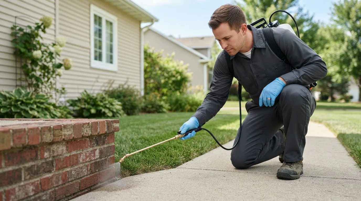 Pest control technician treating a home near West Eaton, NY
